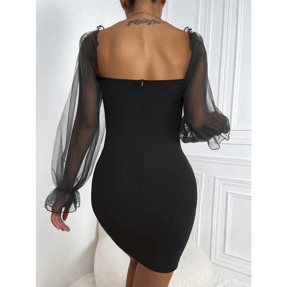 Sweetheart Neck Flounce Sleeve Bodycon Dress sheer long sleeve black butterfly - Picture 4 of 11